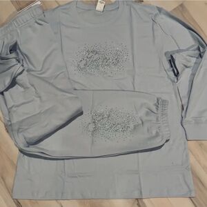 NEW VICTORIAS SECRET PINK BLING CAMPUS TEE SHIRT AND SWEATPANTS SILVER BLING XXL